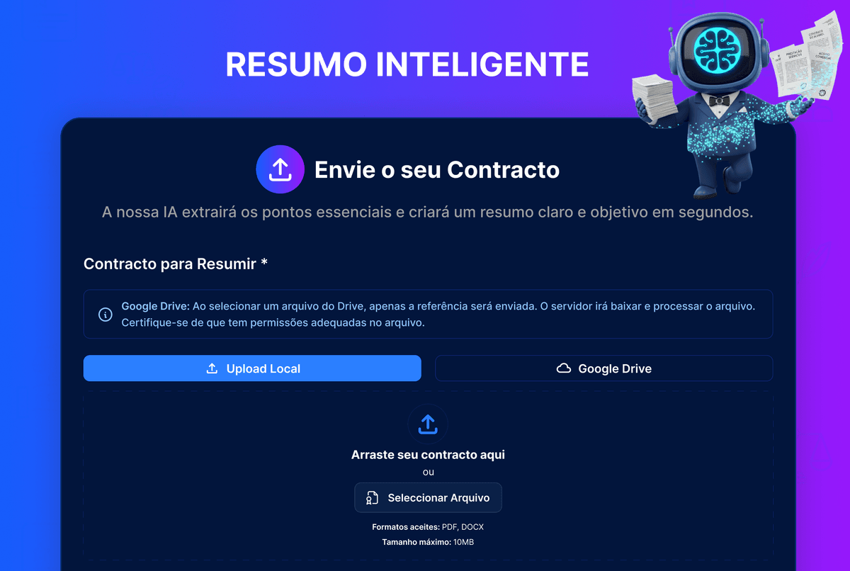 Interface mostrando resumo automático de contrato